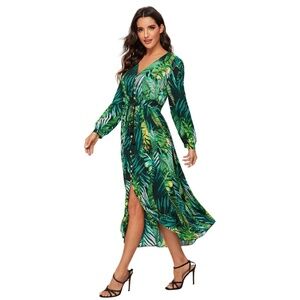 Milumia Women Button Up Split Floral Print Flowy Vacation Maxi Dress Green Small